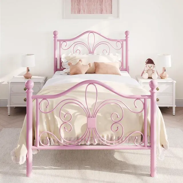 Main image of Twin Size Bed Frame for Kids,Metal Bed Frame with Butterfly Pattern Design Headboard and Footboard,No Box Spring Needed,Easy Assembly,Pink