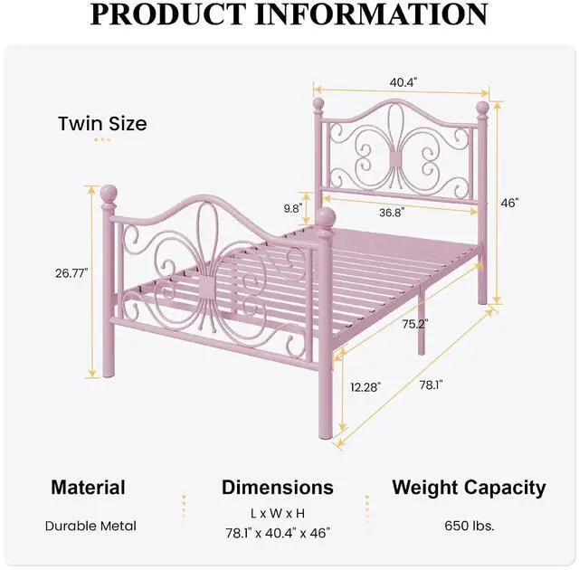 Alt view image 2 of 7 - Twin Size Bed Frame for Kids,Metal Bed Frame with Butterfly Pattern Design Headboard and Footboard,No Box Spring Needed,Easy Assembly,Pink