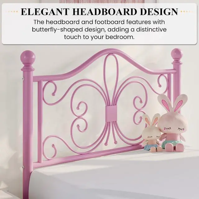 Alt view image 4 of 7 - Twin Size Bed Frame for Kids,Metal Bed Frame with Butterfly Pattern Design Headboard and Footboard,No Box Spring Needed,Easy Assembly,Pink