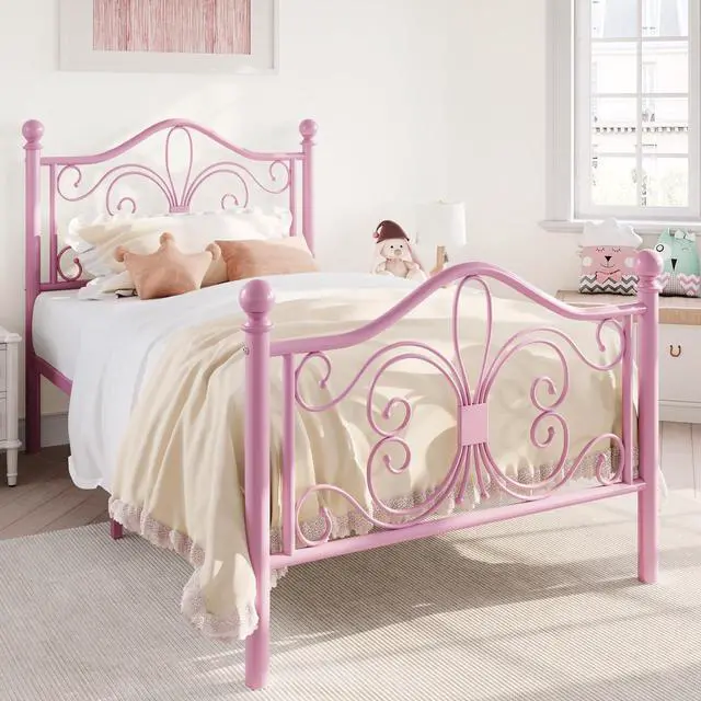 Alt view image 3 of 7 - Twin Size Bed Frame for Kids,Metal Bed Frame with Butterfly Pattern Design Headboard and Footboard,No Box Spring Needed,Easy Assembly,Pink
