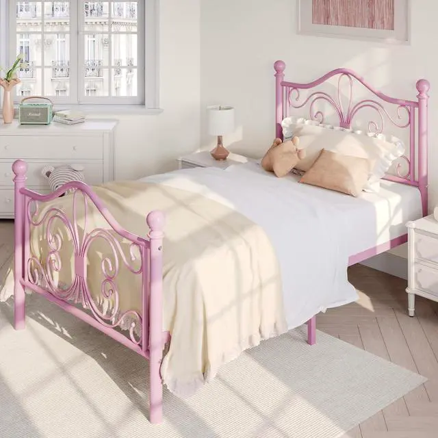 Alt view image 7 of 7 - Twin Size Bed Frame for Kids,Metal Bed Frame with Butterfly Pattern Design Headboard and Footboard,No Box Spring Needed,Easy Assembly,Pink