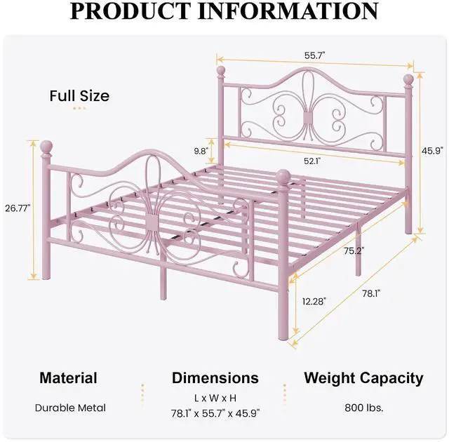 Alt view image 2 of 7 - Full Size Bed Frame for Kids,Metal Bed Frame with Butterfly Pattern Design Headboard and Footboard,No Box Spring Needed,Easy Assembly,Pink