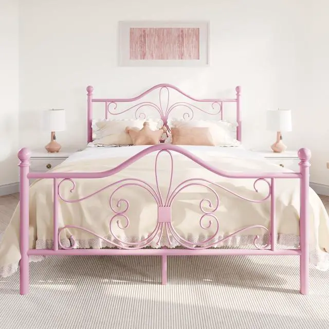 Main image of Full Size Bed Frame for Kids,Metal Bed Frame with Butterfly Pattern Design Headboard and Footboard,No Box Spring Needed,Easy Assembly,Pink