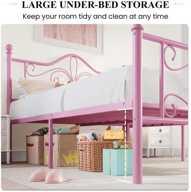 Alt view image 5 of 7 - Twin Size Bed Frame for Kids,Metal Bed Frame with Butterfly Pattern Design Headboard and Footboard,No Box Spring Needed,Easy Assembly,Pink