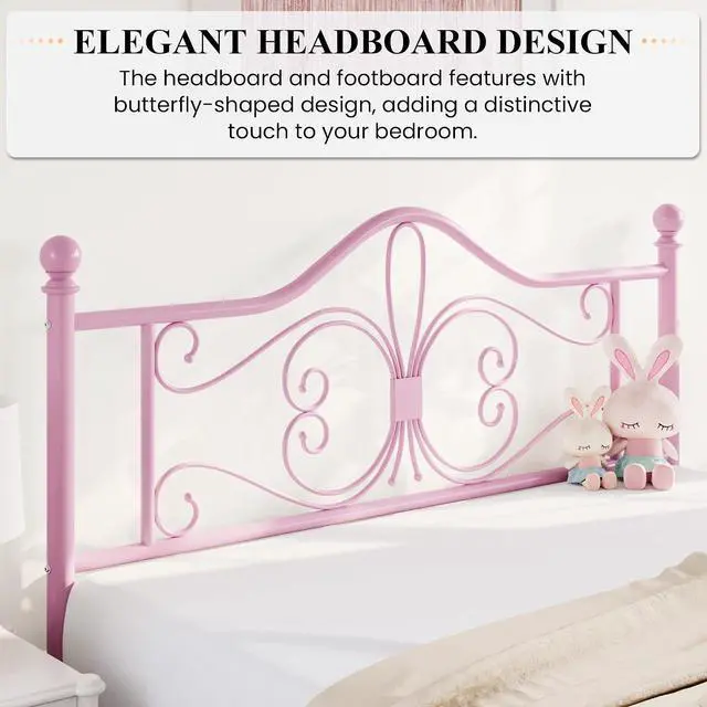 Alt view image 4 of 7 - Full Size Bed Frame for Kids,Metal Bed Frame with Butterfly Pattern Design Headboard and Footboard,No Box Spring Needed,Easy Assembly,Pink