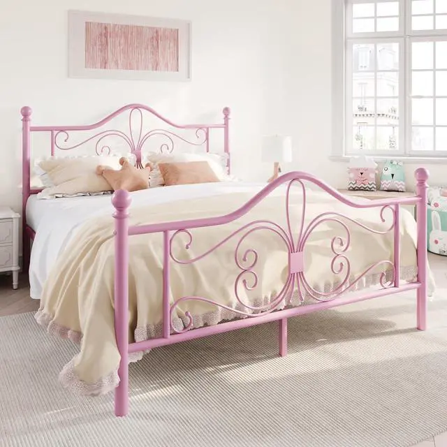 Alt view image 3 of 7 - Full Size Bed Frame for Kids,Metal Bed Frame with Butterfly Pattern Design Headboard and Footboard,No Box Spring Needed,Easy Assembly,Pink