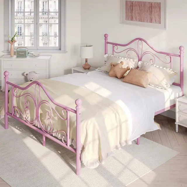 Alt view image 7 of 7 - Full Size Bed Frame for Kids,Metal Bed Frame with Butterfly Pattern Design Headboard and Footboard,No Box Spring Needed,Easy Assembly,Pink