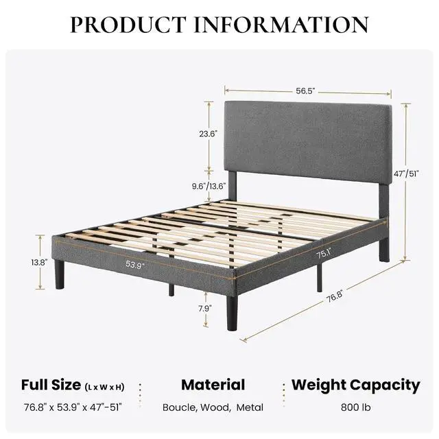 Alt view image 2 of 7 - Boucle Upholstered Full Size Bed Frame, Dark Gray | Platform Bed with Adjustable Headboard, Wooden Slats Support, No Box Spring Needed, Noise-Free, Easy Assembly
