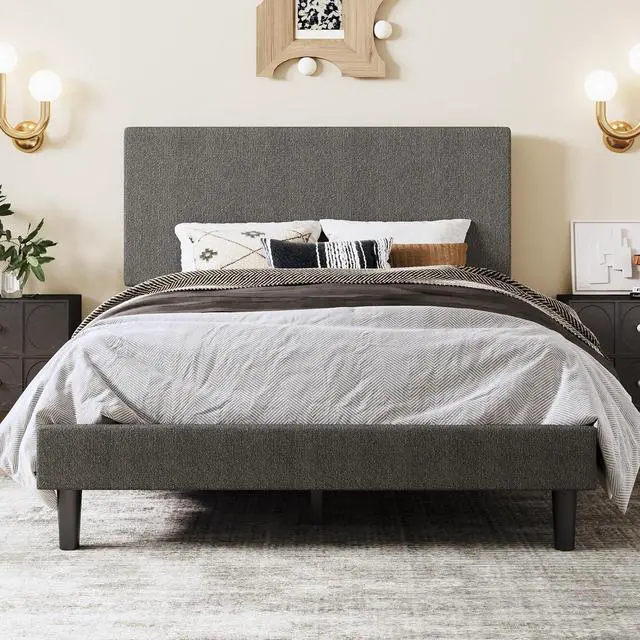 Main image of Boucle Upholstered Full Size Bed Frame, Dark Gray | Platform Bed with Adjustable Headboard, Wooden Slats Support, No Box Spring Needed, Noise-Free, Easy Assembly