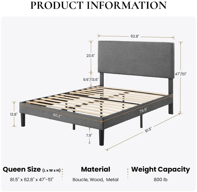 Alt view image 2 of 7 - Boucle Upholstered Queen Size Bed Frame, Dark Gray | Platform Bed with Adjustable Headboard, Wooden Slats Support, No Box Spring Needed, Noise-Free, Easy Assembly