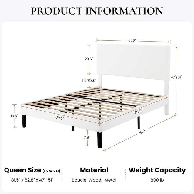 Alt view image 2 of 7 - Boucle Upholstered Queen Size Bed Frame, White | Platform Bed with Adjustable Headboard, Wooden Slats Support, No Box Spring Needed, Noise-Free, Easy Assembly