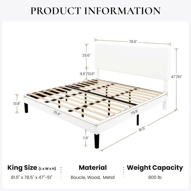 Alt view image 2 of 7 - Boucle Upholstered King Size Bed Frame, White | Platform Bed with Adjustable Headboard, Wooden Slats Support, No Box Spring Needed, Noise-Free, Easy Assembly