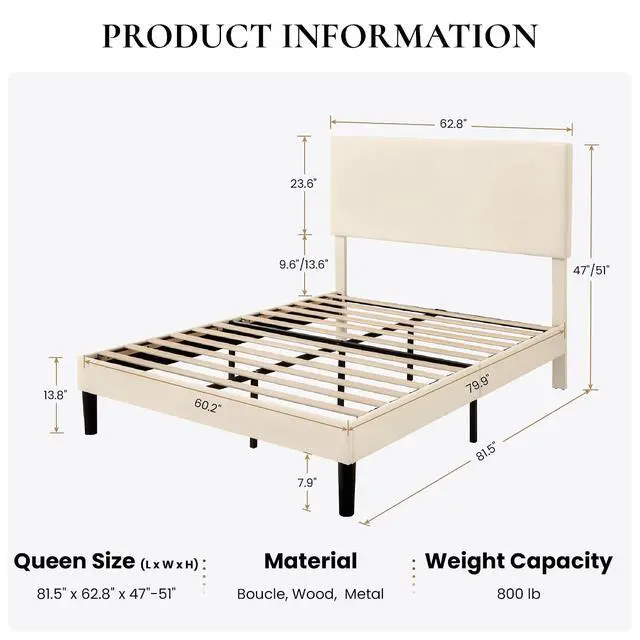 Alt view image 2 of 7 - Boucle Upholstered Queen Size Bed Frame, Cream | Platform Bed with Adjustable Headboard, Wooden Slats Support, No Box Spring Needed, Noise-Free, Easy Assembly