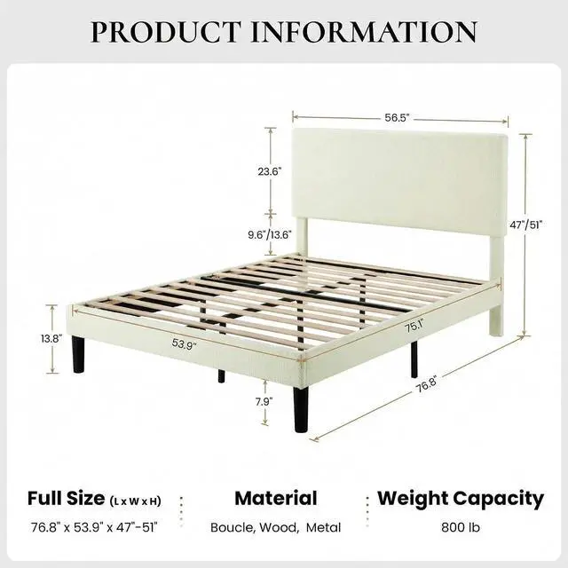 Alt view image 2 of 7 - Boucle Upholstered Full Size Bed Frame, Cream | Platform Bed with Adjustable Headboard, Wooden Slats Support, No Box Spring Needed, Noise-Free, Easy Assembly