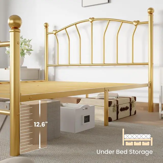 Alt view image 5 of 7 - 14 Inch Full Size Metal Platform Bed Frame with Heart Shaped Iron-Art Headboard/Footboard, Under Bed Storage, Noise Free Mattress Foundation, No Box Spring Needed, Easy Assembly, Gold