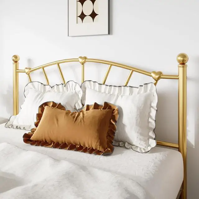 Alt view image 4 of 7 - 14 Inch Full Size Metal Platform Bed Frame with Heart Shaped Iron-Art Headboard/Footboard, Under Bed Storage, Noise Free Mattress Foundation, No Box Spring Needed, Easy Assembly, Gold