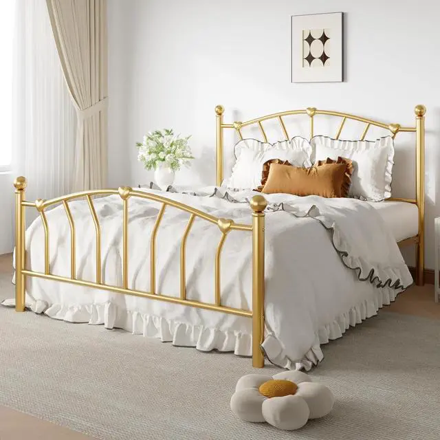 Alt view image 3 of 7 - 14 Inch Full Size Metal Platform Bed Frame with Heart Shaped Iron-Art Headboard/Footboard, Under Bed Storage, Noise Free Mattress Foundation, No Box Spring Needed, Easy Assembly, Gold