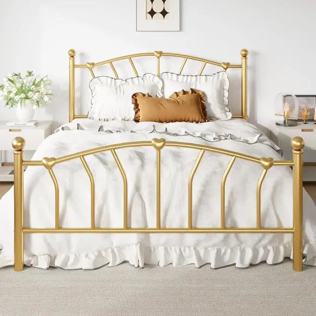 Main image of 14 Inch Full Size Metal Platform Bed Frame with Heart Shaped Iron-Art Headboard/Footboard, Under Bed Storage, Noise Free Mattress Foundation, No Box Spring Needed, Easy Assembly, Gold