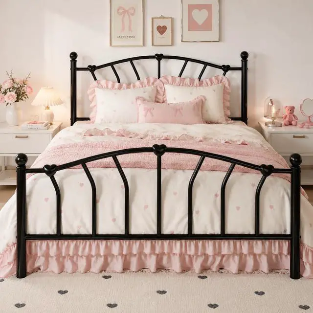 Main image of 14 Inch Queen Size Metal Platform Bed Frame with Heart Shaped Iron-Art Headboard/Footboard, Under Bed Storage, Noise Free Mattress Foundation, No Box Spring Needed, Easy Assembly, Black