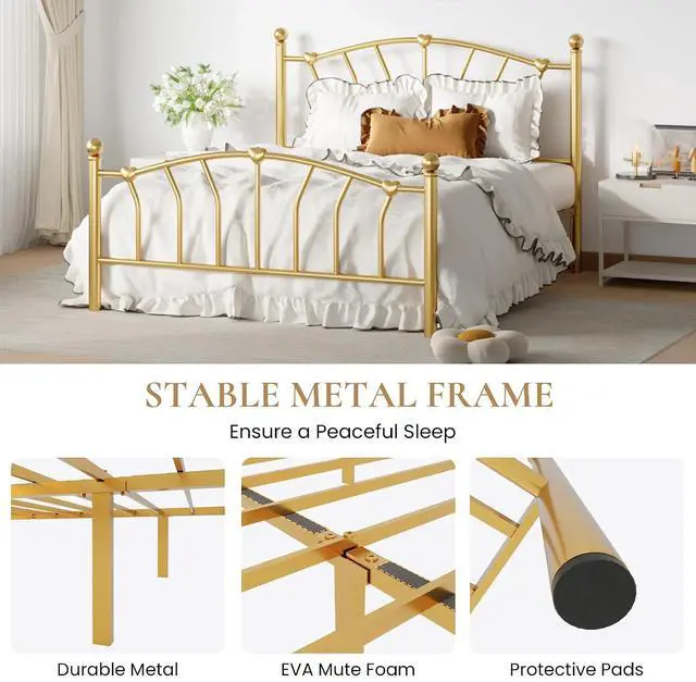 Alt view image 7 of 7 - 14 Inch Full Size Metal Platform Bed Frame with Heart Shaped Iron-Art Headboard/Footboard, Under Bed Storage, Noise Free Mattress Foundation, No Box Spring Needed, Easy Assembly, Gold