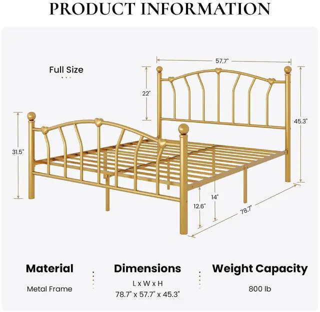 Alt view image 2 of 7 - 14 Inch Full Size Metal Platform Bed Frame with Heart Shaped Iron-Art Headboard/Footboard, Under Bed Storage, Noise Free Mattress Foundation, No Box Spring Needed, Easy Assembly, Gold