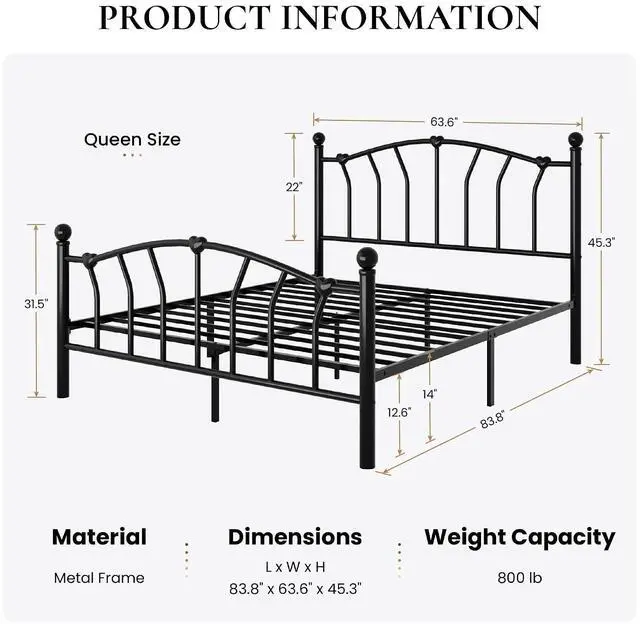 Alt view image 2 of 7 - 14 Inch Queen Size Metal Platform Bed Frame with Heart Shaped Iron-Art Headboard/Footboard, Under Bed Storage, Noise Free Mattress Foundation, No Box Spring Needed, Easy Assembly, Black