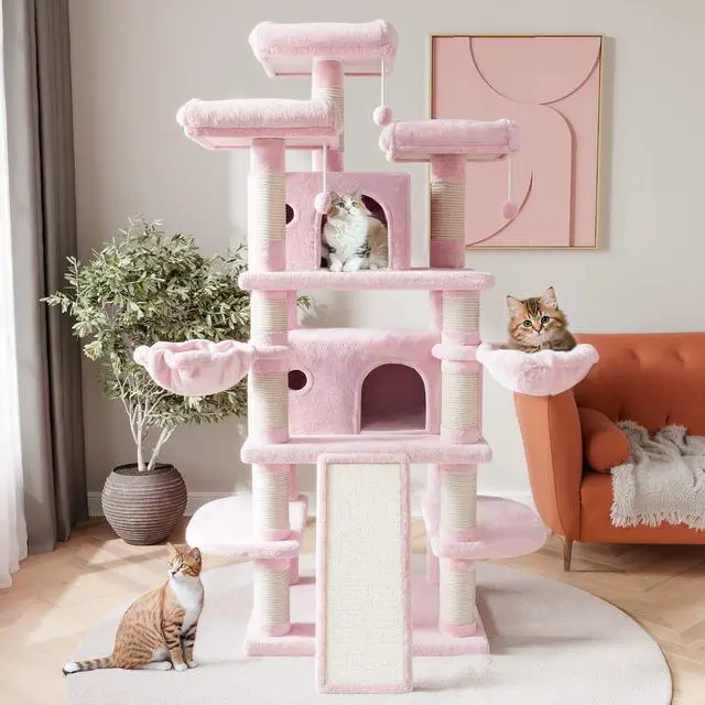 Alt view image 2 of 7 - 68 Inches Multi-Level Large Cat Tree for Large Kitties/Big Cat Tower with Condo/Cozy Plush Pussycat Perches/Sisal Scratching Posts and Hammocks/Activity Center/Pink