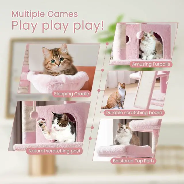 Alt view image 3 of 7 - 68 Inches Multi-Level Large Cat Tree for Large Kitties/Big Cat Tower with Condo/Cozy Plush Pussycat Perches/Sisal Scratching Posts and Hammocks/Activity Center/Pink