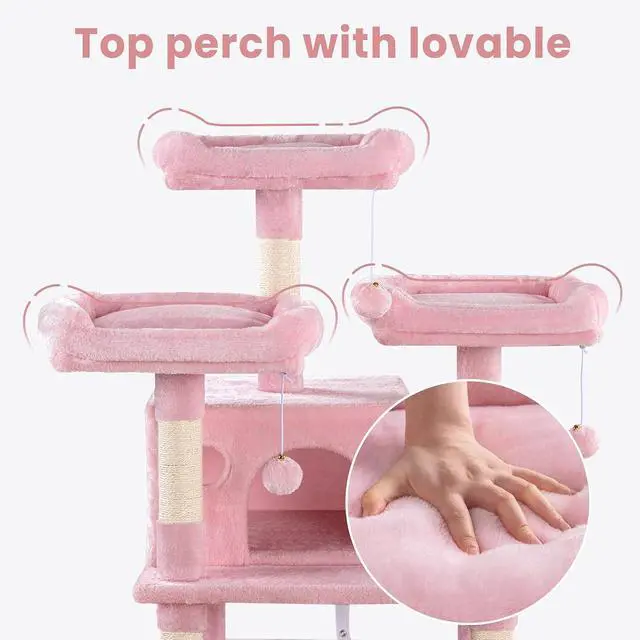 Alt view image 4 of 7 - 68 Inches Multi-Level Large Cat Tree for Large Kitties/Big Cat Tower with Condo/Cozy Plush Pussycat Perches/Sisal Scratching Posts and Hammocks/Activity Center/Pink