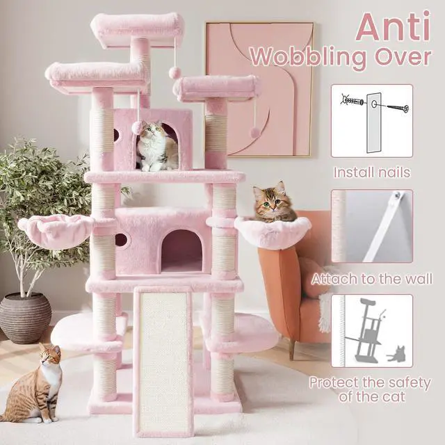 Alt view image 6 of 7 - 68 Inches Multi-Level Large Cat Tree for Large Kitties/Big Cat Tower with Condo/Cozy Plush Pussycat Perches/Sisal Scratching Posts and Hammocks/Activity Center/Pink