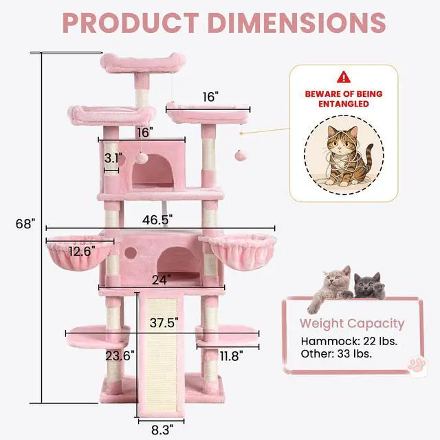 Alt view image 7 of 7 - 68 Inches Multi-Level Large Cat Tree for Large Kitties/Big Cat Tower with Condo/Cozy Plush Pussycat Perches/Sisal Scratching Posts and Hammocks/Activity Center/Pink
