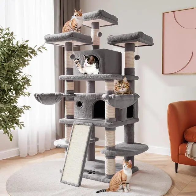 Main image of 68 Inches Multi-Level Large Cat Tree for Large Kitties/Big Cat Tower with Condo/Cozy Plush Pussycat Perches/Sisal Scratching Posts and Hammocks/Activity Center/Grey