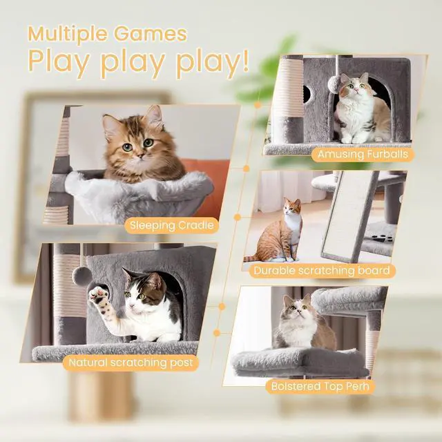 Alt view image 3 of 7 - 68 Inches Multi-Level Large Cat Tree for Large Kitties/Big Cat Tower with Condo/Cozy Plush Pussycat Perches/Sisal Scratching Posts and Hammocks/Activity Center/Grey