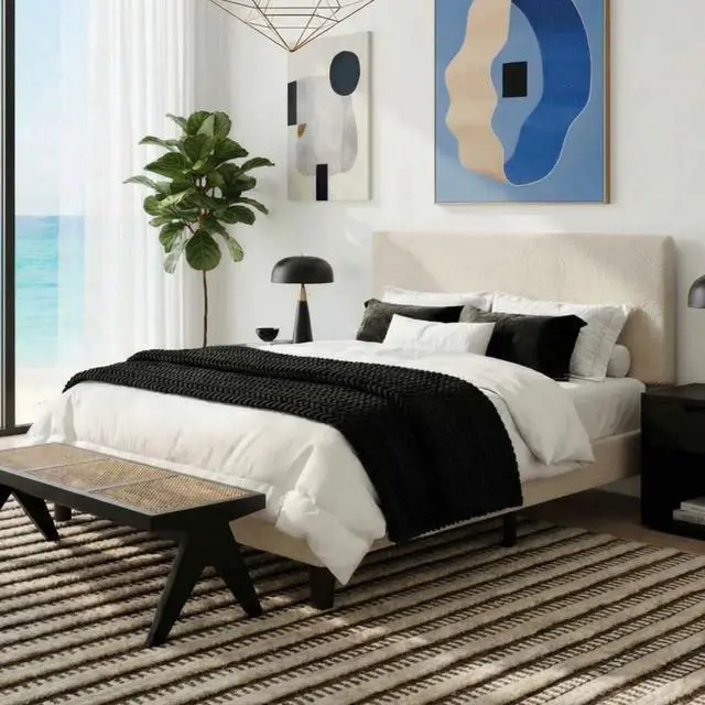 Main image of Boucle Upholstered Queen Size Bed Frame, Cream | Platform Bed with Adjustable Headboard, Wooden Slats Support, No Box Spring Needed, Noise-Free, Easy Assembly