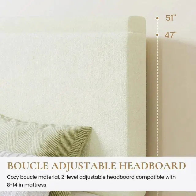 Alt view image 4 of 7 - Boucle Upholstered Queen Size Bed Frame, Cream | Platform Bed with Adjustable Headboard, Wooden Slats Support, No Box Spring Needed, Noise-Free, Easy Assembly