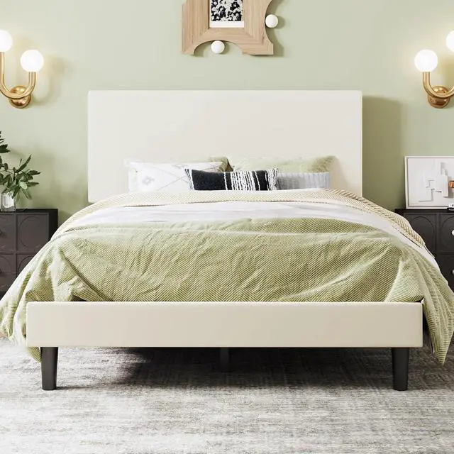 Main image of Boucle Upholstered Queen Size Bed Frame, Cream | Platform Bed with Adjustable Headboard, Wooden Slats Support, No Box Spring Needed, Noise-Free, Easy Assembly