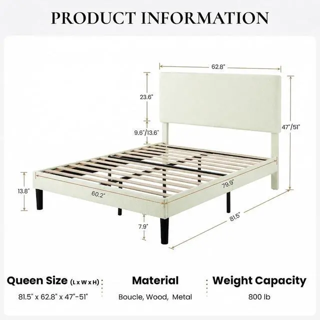 Alt view image 2 of 7 - Boucle Upholstered Queen Size Bed Frame, Cream | Platform Bed with Adjustable Headboard, Wooden Slats Support, No Box Spring Needed, Noise-Free, Easy Assembly
