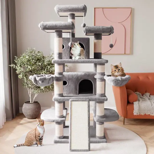 Alt view image 2 of 7 - 68 Inches Multi-Level Large Cat Tree for Large Kitties/Big Cat Tower with Condo/Cozy Plush Pussycat Perches/Sisal Scratching Posts and Hammocks/Activity Center/Grey