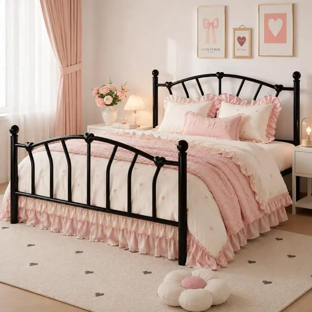 Alt view image 3 of 7 - 14 Inch Queen Size Metal Platform Bed Frame with Heart Shaped Iron-Art Headboard/Footboard, Under Bed Storage, Noise Free Mattress Foundation, No Box Spring Needed, Easy Assembly, Black