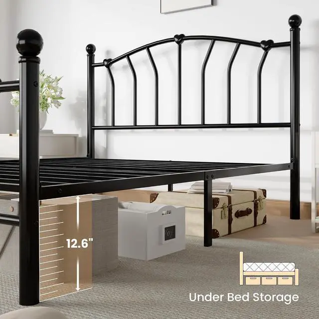 Alt view image 5 of 7 - 14 Inch Queen Size Metal Platform Bed Frame with Heart Shaped Iron-Art Headboard/Footboard, Under Bed Storage, Noise Free Mattress Foundation, No Box Spring Needed, Easy Assembly, Black