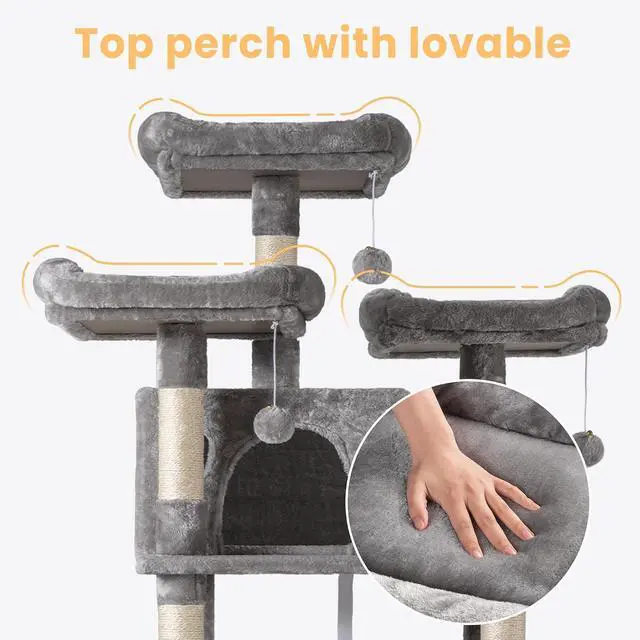 Alt view image 4 of 7 - 68 Inches Multi-Level Large Cat Tree for Large Kitties/Big Cat Tower with Condo/Cozy Plush Pussycat Perches/Sisal Scratching Posts and Hammocks/Activity Center/Grey