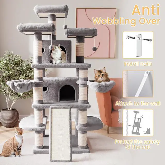 Alt view image 7 of 7 - 68 Inches Multi-Level Large Cat Tree for Large Kitties/Big Cat Tower with Condo/Cozy Plush Pussycat Perches/Sisal Scratching Posts and Hammocks/Activity Center/Grey