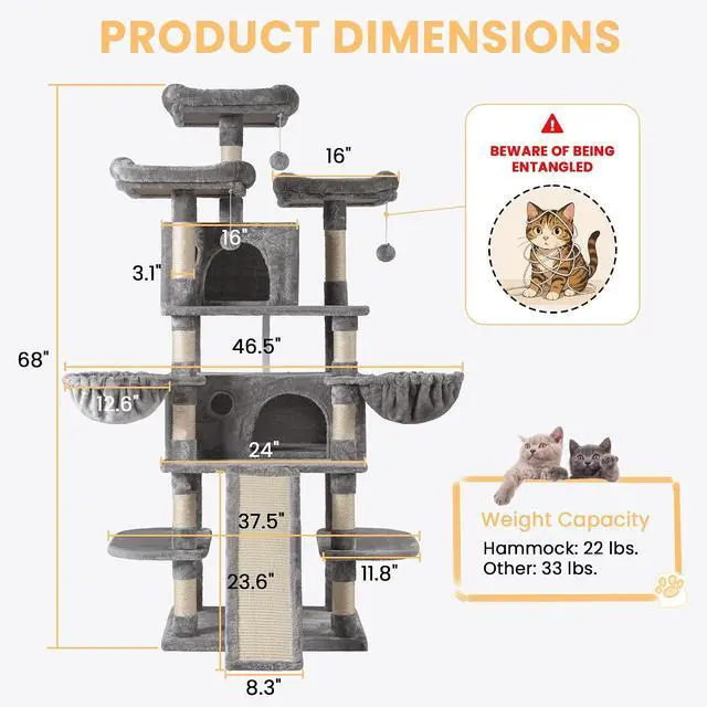 Alt view image 6 of 7 - 68 Inches Multi-Level Large Cat Tree for Large Kitties/Big Cat Tower with Condo/Cozy Plush Pussycat Perches/Sisal Scratching Posts and Hammocks/Activity Center/Grey
