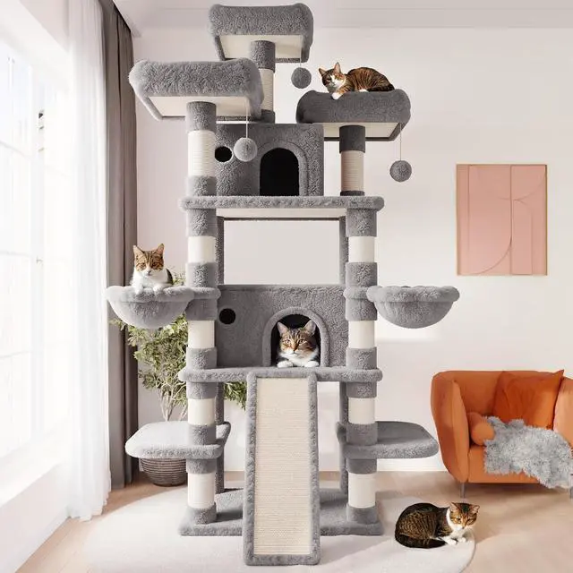 Alt view image 2 of 7 - 81 Inches Extra Large Cat Tree for Indoor Adult Cats/XXL Big Cat Tower with Condo/Cozy Perches/Sisal Scratching Posts and Hammocks/Activity Center/F80/Heavy Duty/Grey