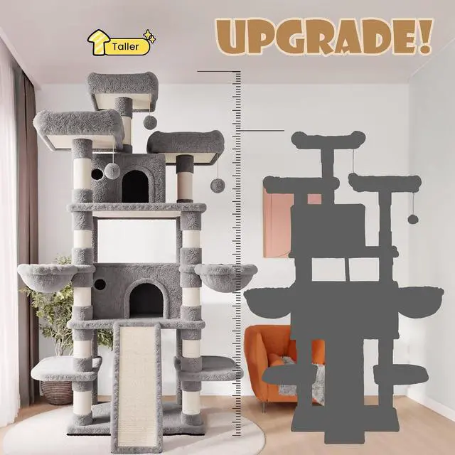 Alt view image 3 of 7 - 81 Inches Extra Large Cat Tree for Indoor Adult Cats/XXL Big Cat Tower with Condo/Cozy Perches/Sisal Scratching Posts and Hammocks/Activity Center/F80/Heavy Duty/Grey