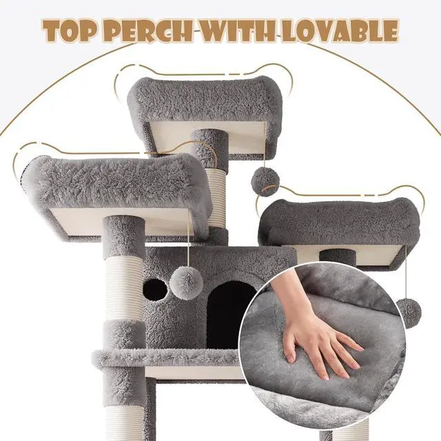 Alt view image 4 of 7 - 81 Inches Extra Large Cat Tree for Indoor Adult Cats/XXL Big Cat Tower with Condo/Cozy Perches/Sisal Scratching Posts and Hammocks/Activity Center/F80/Heavy Duty/Grey