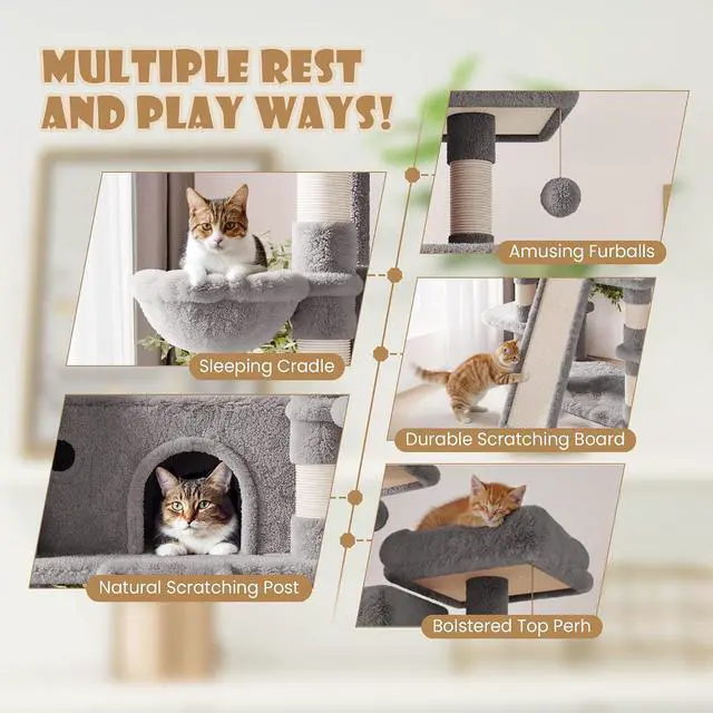 Alt view image 5 of 7 - 81 Inches Extra Large Cat Tree for Indoor Adult Cats/XXL Big Cat Tower with Condo/Cozy Perches/Sisal Scratching Posts and Hammocks/Activity Center/F80/Heavy Duty/Grey