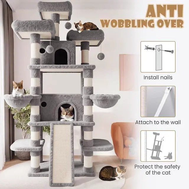 Alt view image 6 of 7 - 81 Inches Extra Large Cat Tree for Indoor Adult Cats/XXL Big Cat Tower with Condo/Cozy Perches/Sisal Scratching Posts and Hammocks/Activity Center/F80/Heavy Duty/Grey
