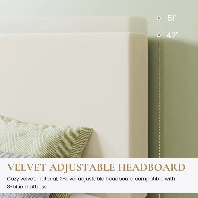 Alt view image 4 of 7 - Boucle Upholstered Queen Size Bed Frame, Cream | Platform Bed with Adjustable Headboard, Wooden Slats Support, No Box Spring Needed, Noise-Free, Easy Assembly
