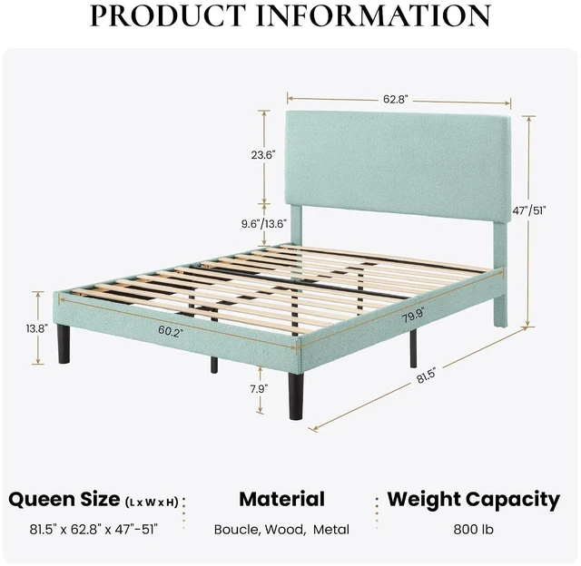 Alt view image 2 of 7 - Boucle Upholstered Queen Size Bed Frame, Ice Blue | Platform Bed with Adjustable Headboard, Wooden Slats Support, No Box Spring Needed, Noise-Free, Easy Assembly